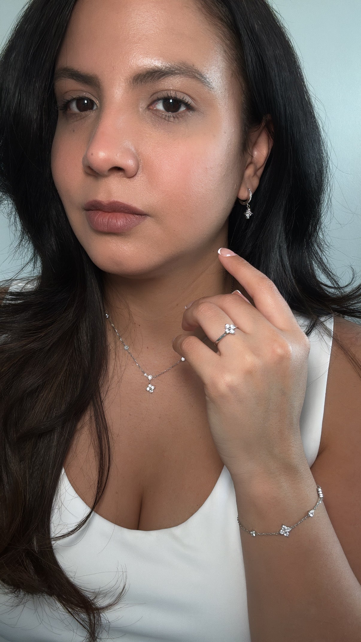 Silver Zirconias Four Leaf Huggies Earrings