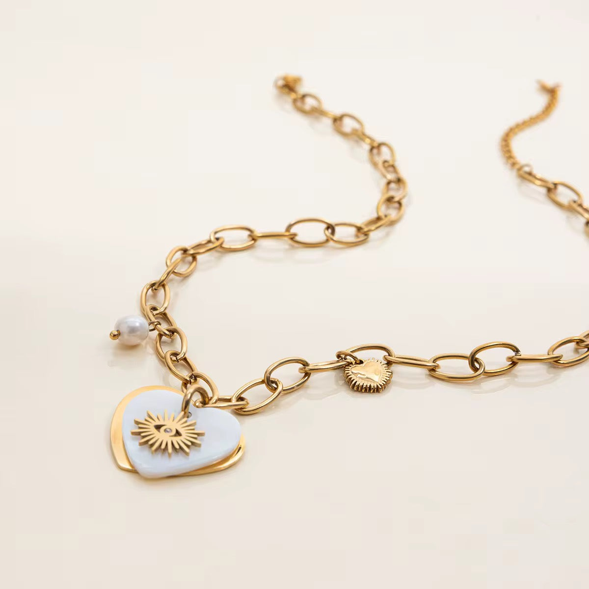 Mother Pearl Heart & Eye Charms Necklace