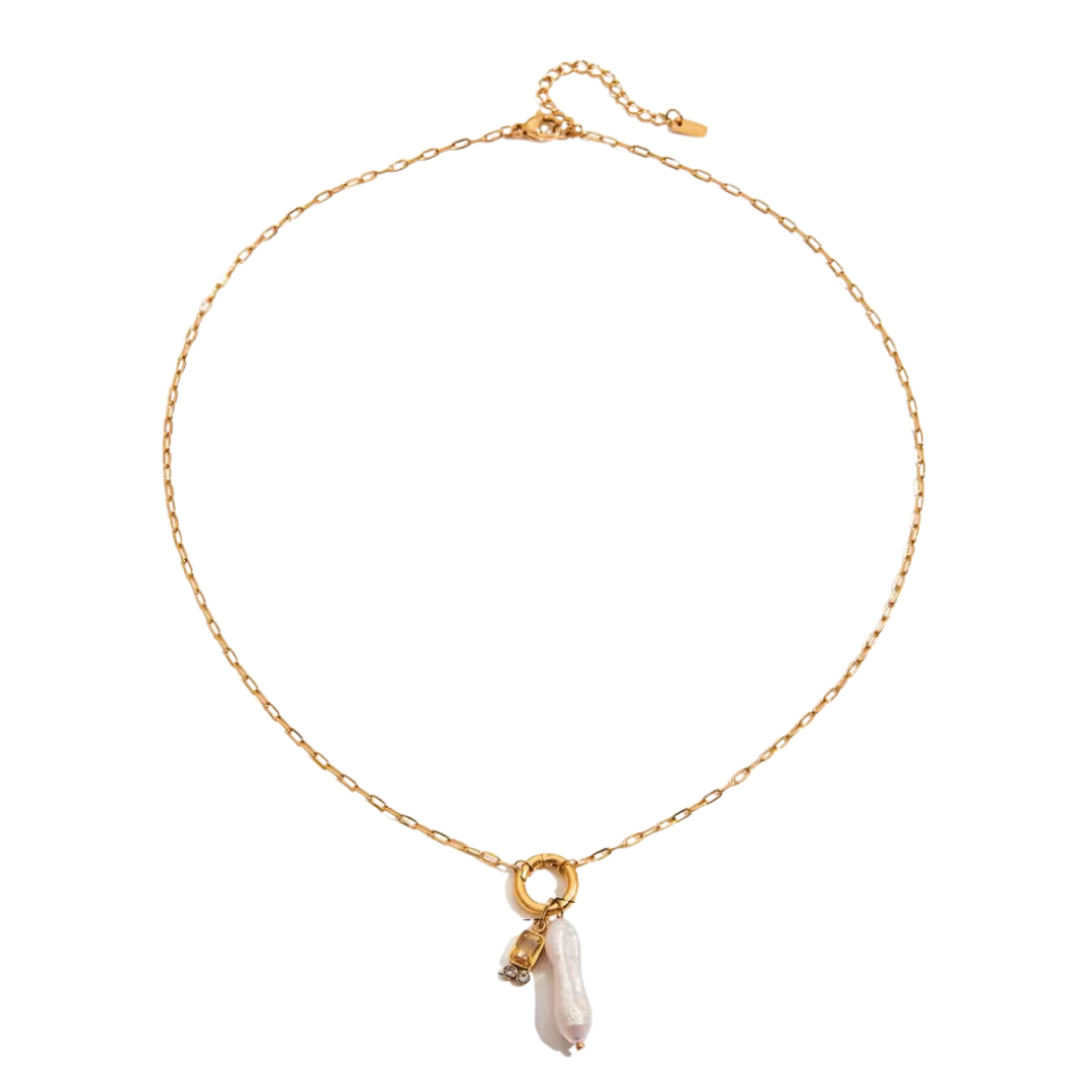 Yellow Zirconia & Pearl Charms Necklace