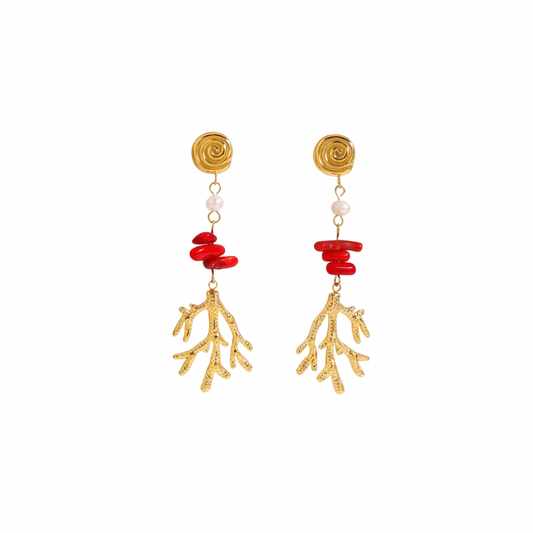 Coral Pendant Long Studs Earrings