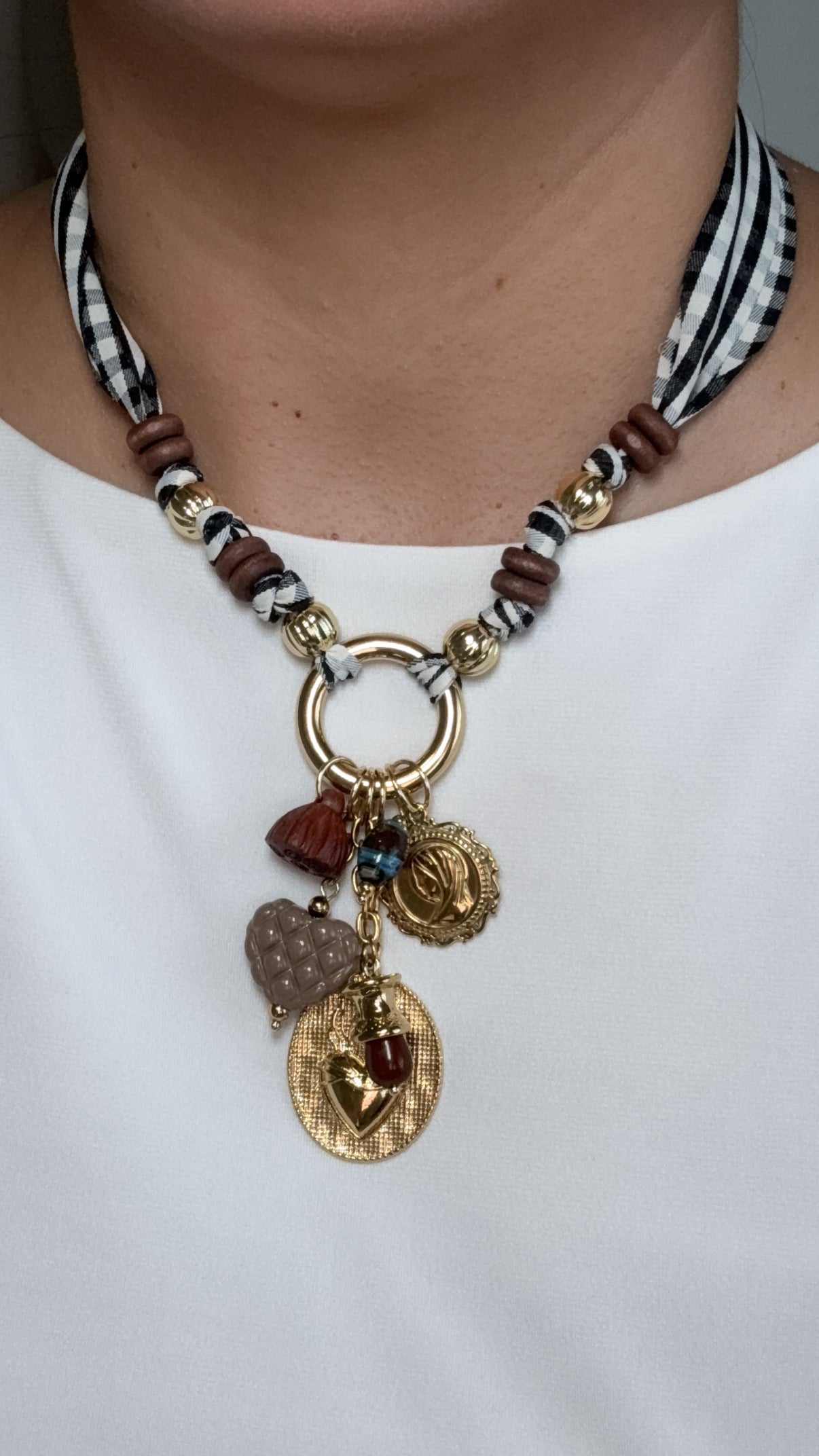 Sacred Heart Charms Fabric Gingham Necklace