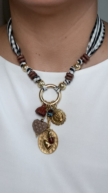Sacred Heart Charms Fabric Gingham Necklace
