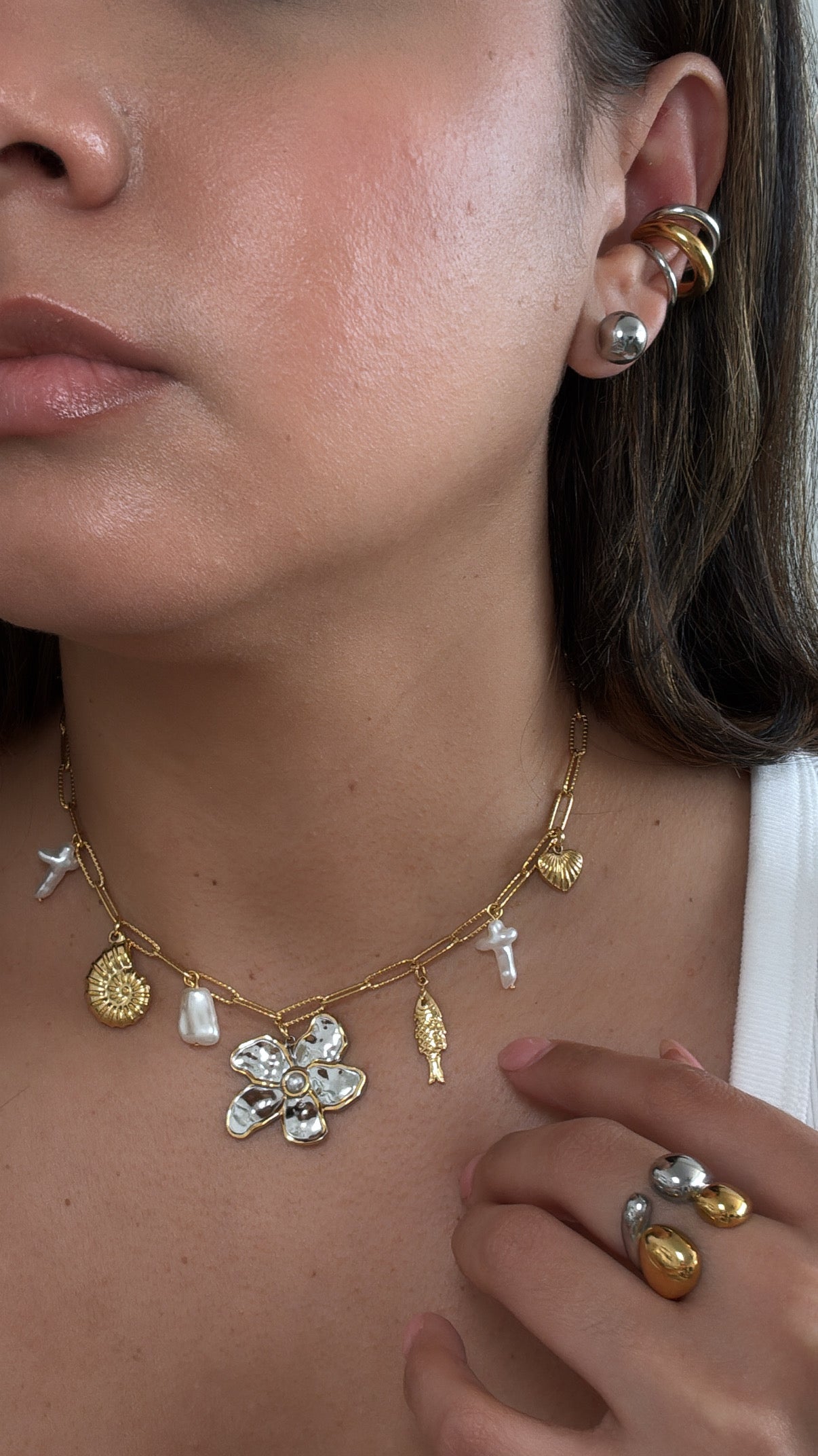 Two Tone Flower Pendant Charms Chain Necklace