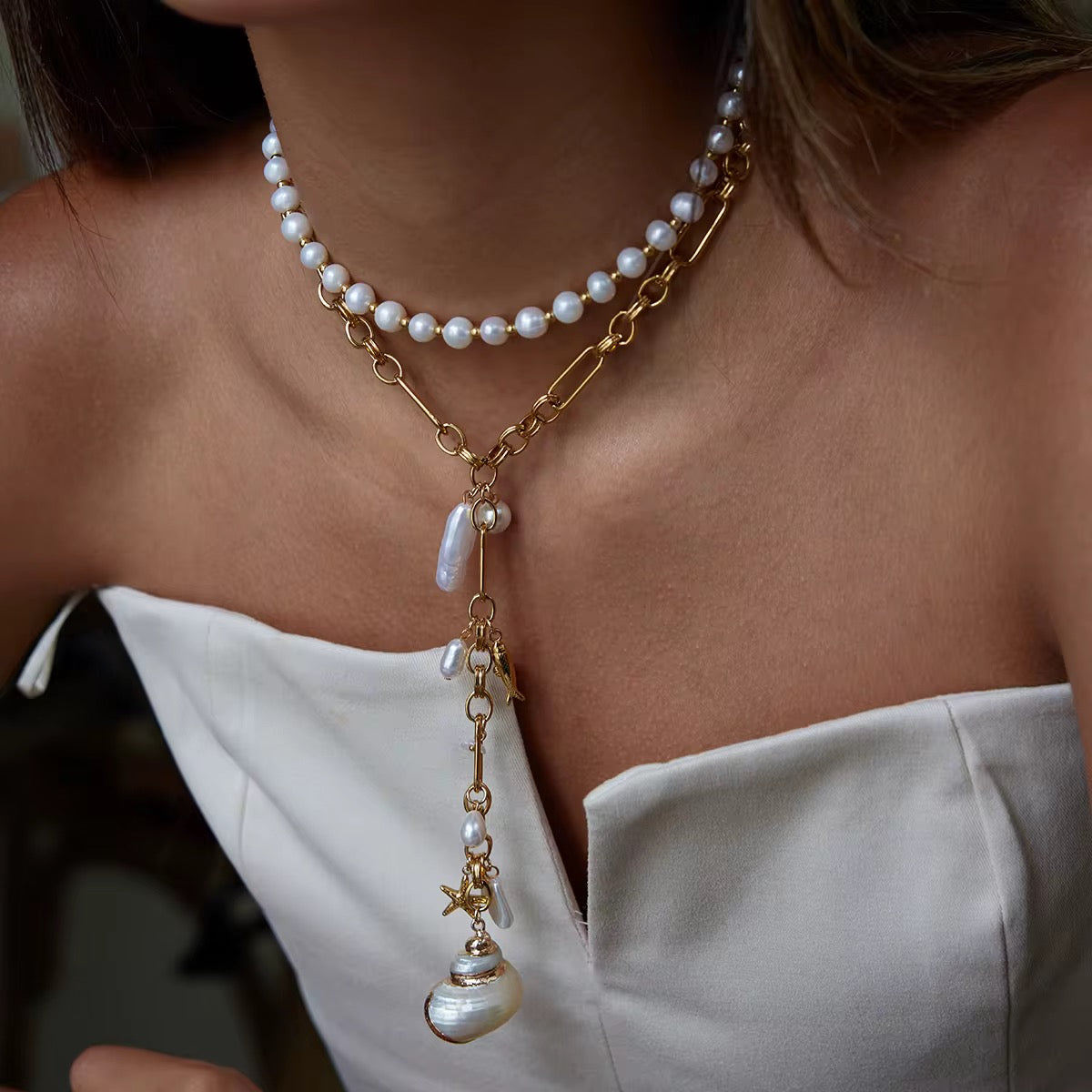 Acrylic Pearls, Fish & Starfish Lariat Chain Necklace
