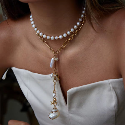 Acrylic Pearls, Fish & Starfish Lariat Chain Necklace