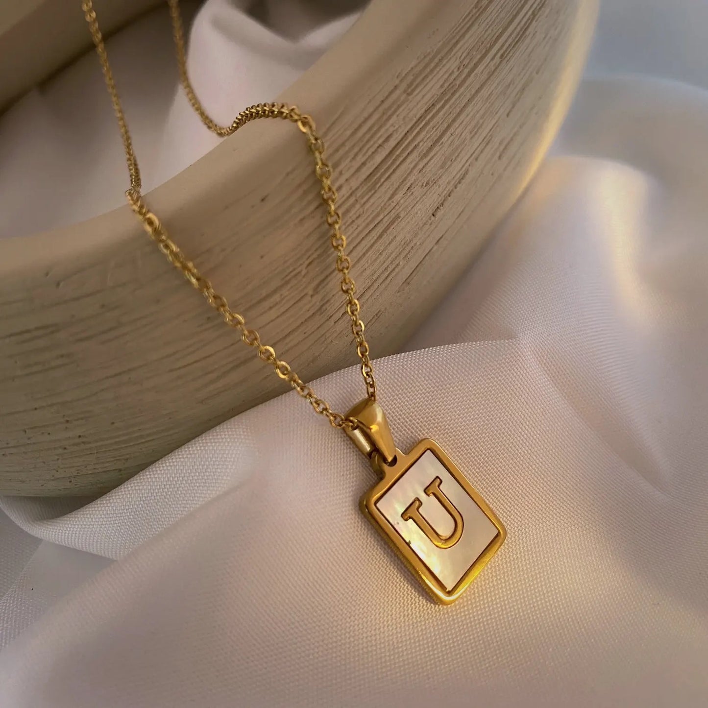 SS Rectangle Natural Shell Initial Necklace