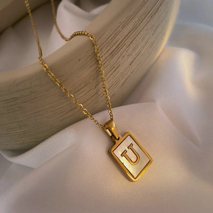 SS Rectangle Natural Shell Initial Necklace