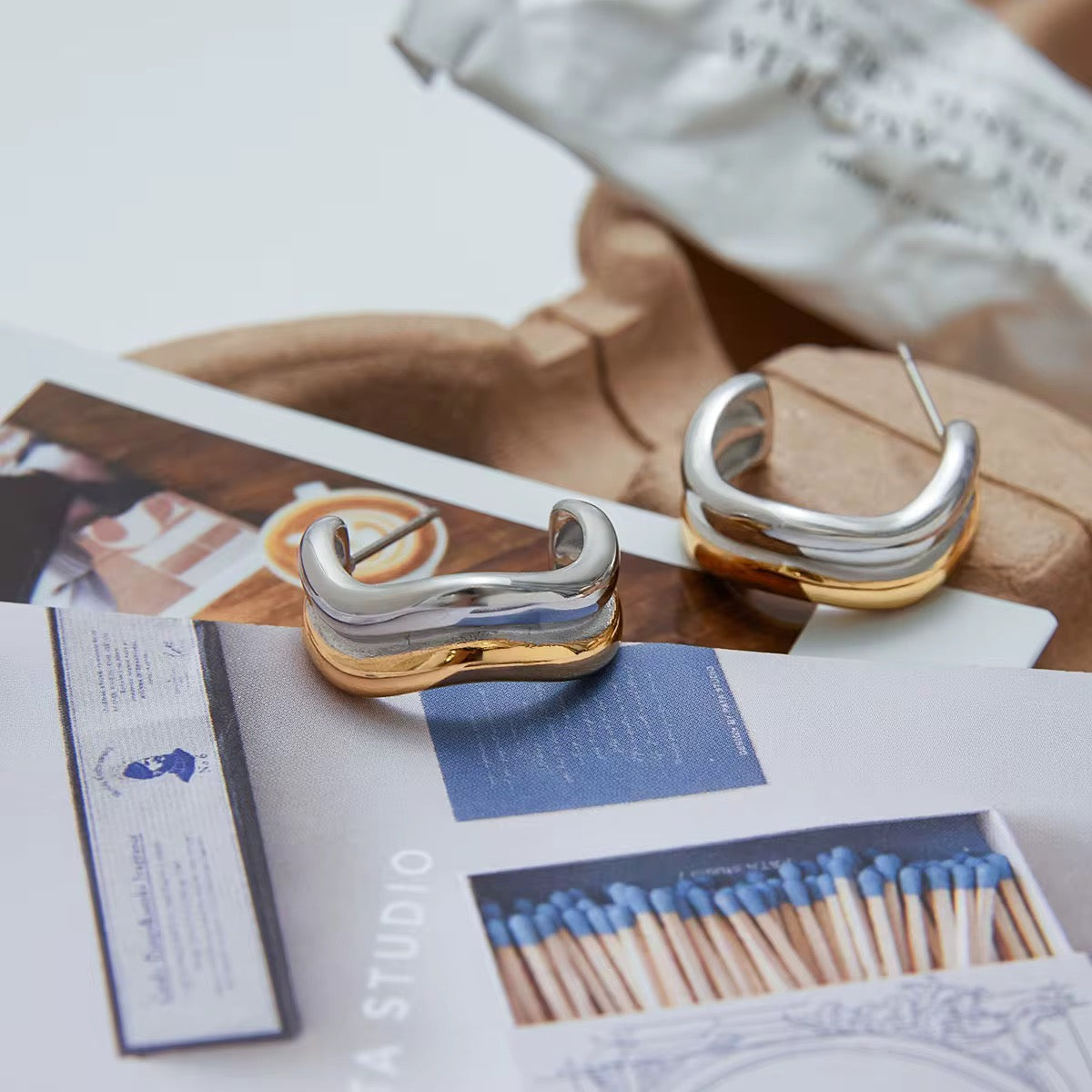 Two Tone Wavy Hoop Stud Earrings