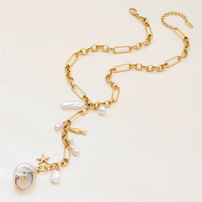 Acrylic Pearls, Fish & Starfish Lariat Chain Necklace