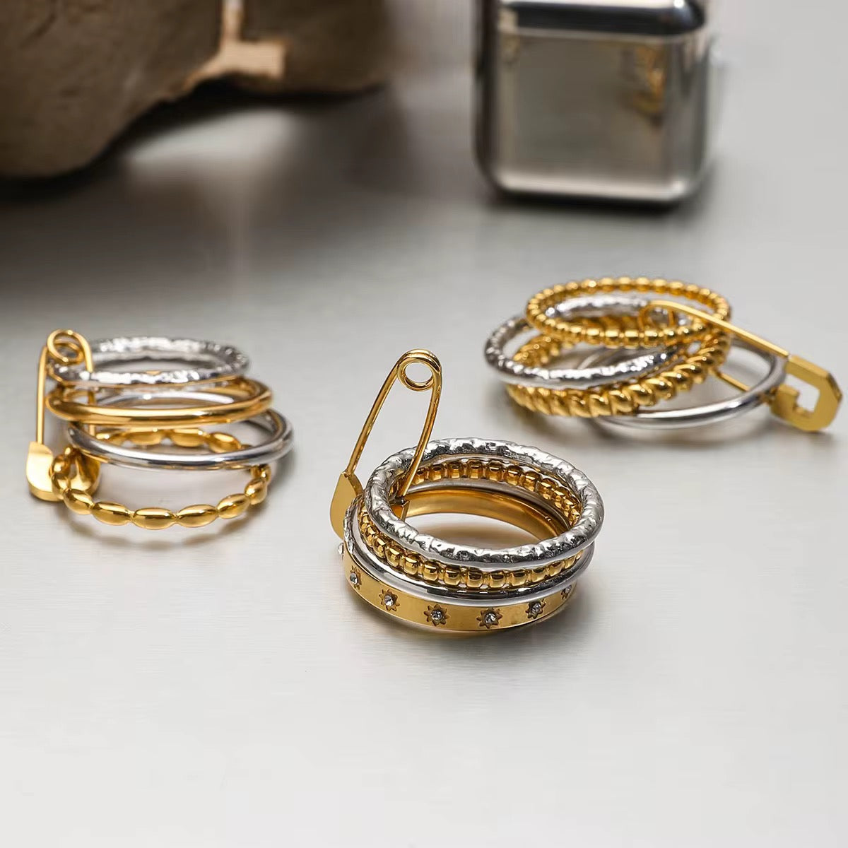 Two Tone Safety Pin Multi Layer Ring