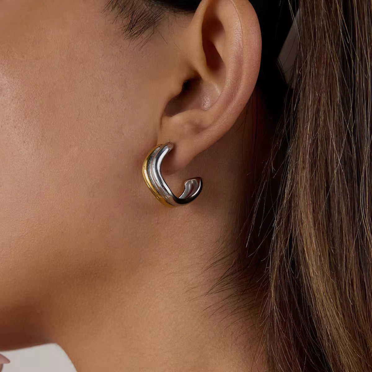 Two Tone Wavy Hoop Stud Earrings