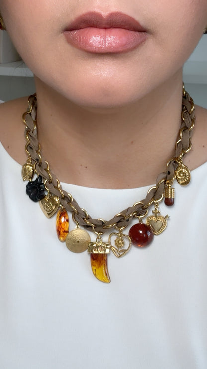 Chunky Resin Charms Fabric & Chain Necklace