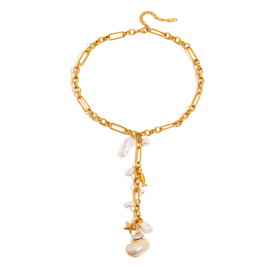Acrylic Pearls, Fish & Starfish Lariat Chain Necklace