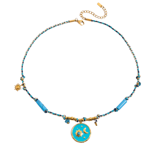 Blue Enamel Turquoise Stone Charms Necklace