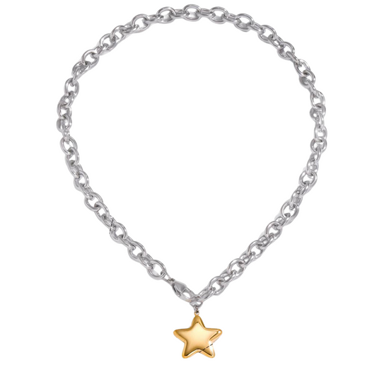 Two Tone Star Pendant Chunky Chain Necklace