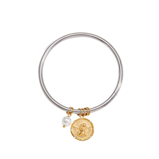 Two Tone Coin Angel Charm Bangle Bracelet