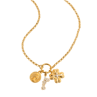Two Tone Heart Clover Pendants Necklace