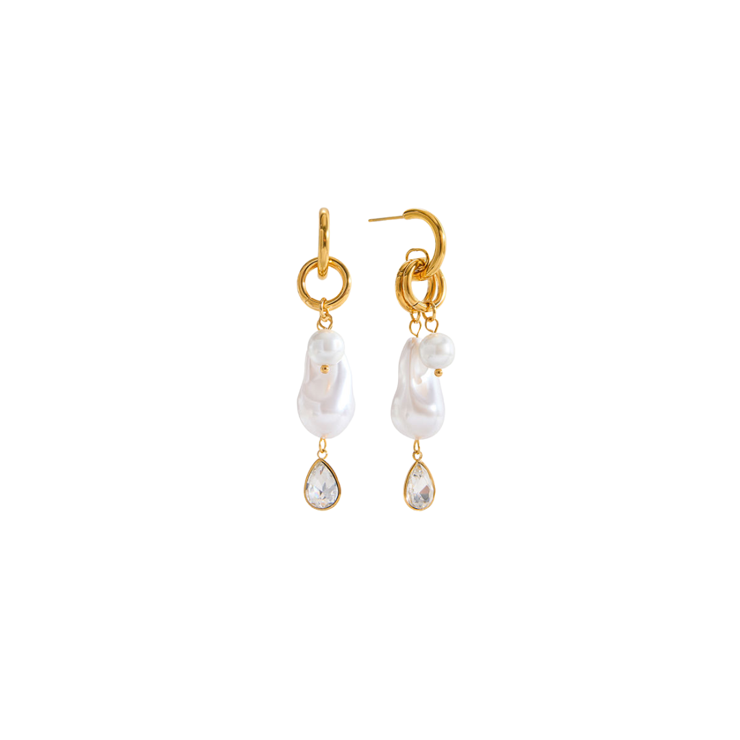 Pearl & Zirconias Long Pendant Stud Earrings