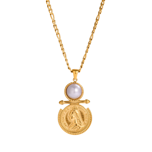 Pearl & Coin Pendant Figaro Chain Necklace