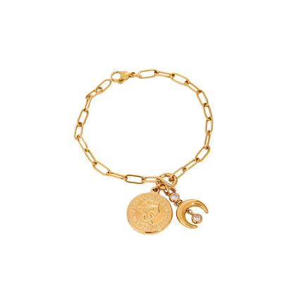 Coin, Moon & Zirconias Pendant Link Chain Bracelet