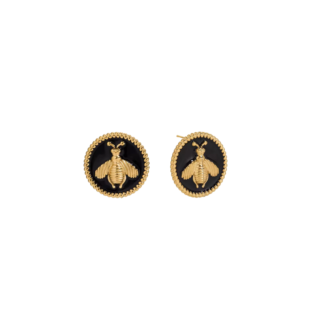 Bee Black Button Stud Earrings