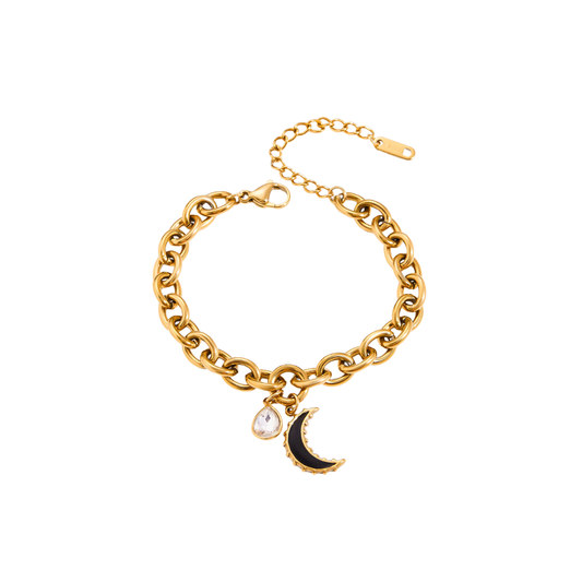 Black Moon & Zirconia Pendant Chain Bracelet