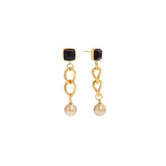 Black Square Stone & Gold Pearl Chain Stud Earrings
