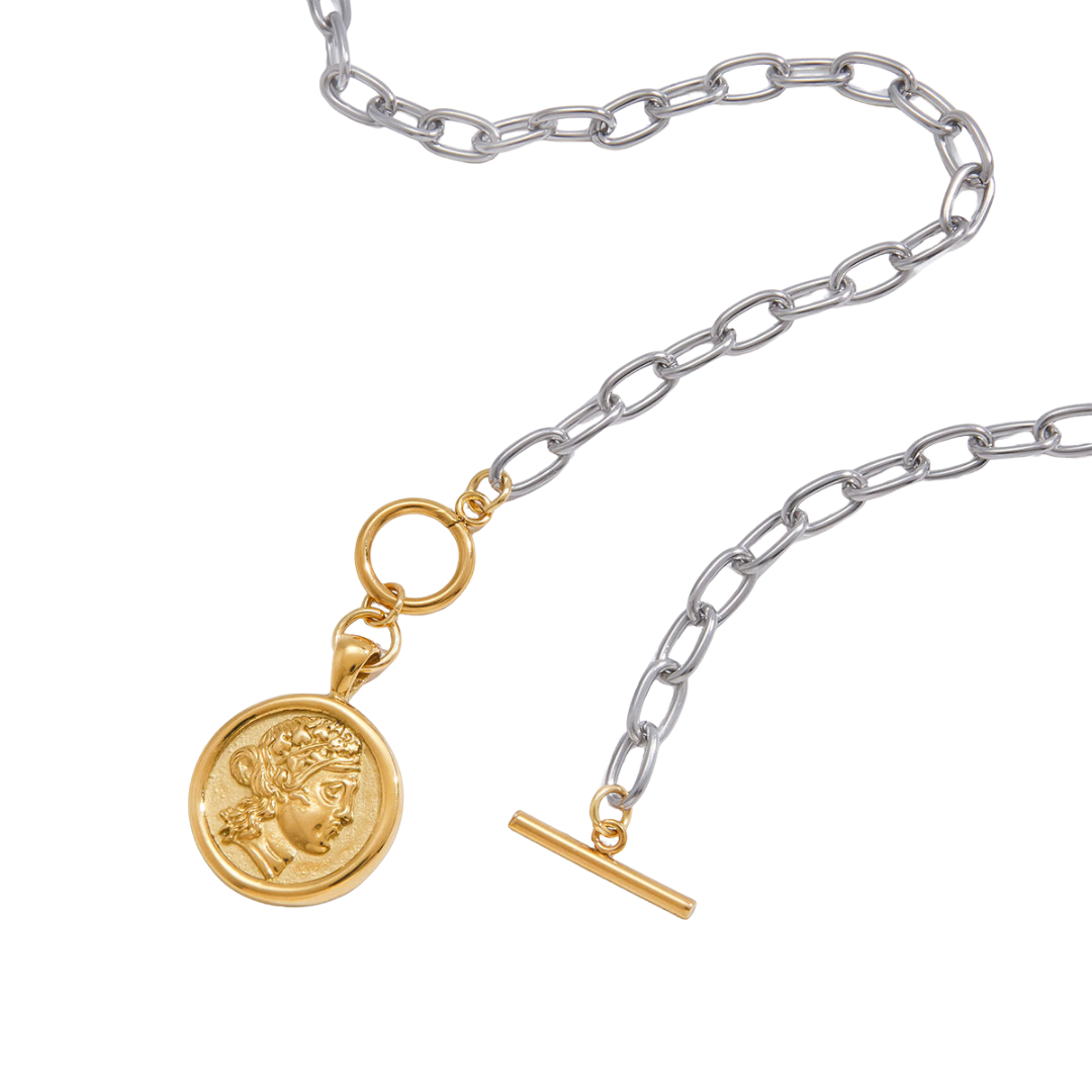 Two Tone Coin Pendant Toggle Necklace