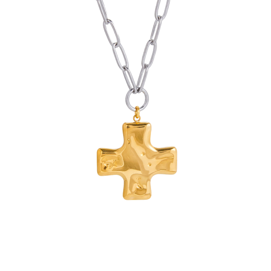 Two Tone Textured Cross Pendant Necklace
