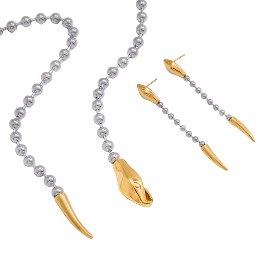 Two Tone Chunly Balls Snake Lariat Necklace & Long Stud Earrings Set
