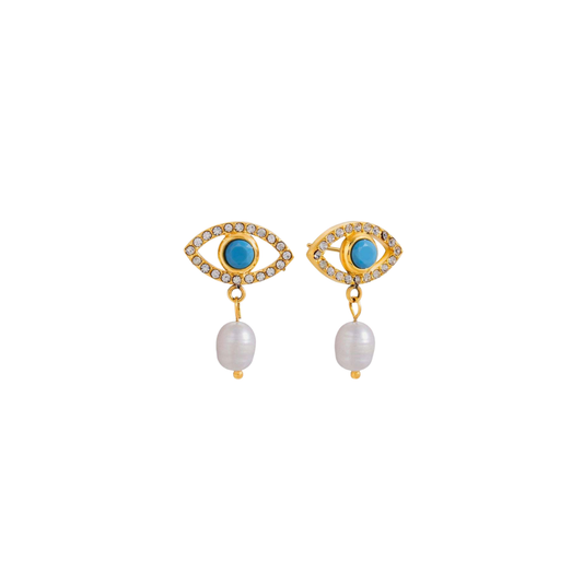 Turquoise, Pearl & Zirconias Trendy Eye Stud Earrings