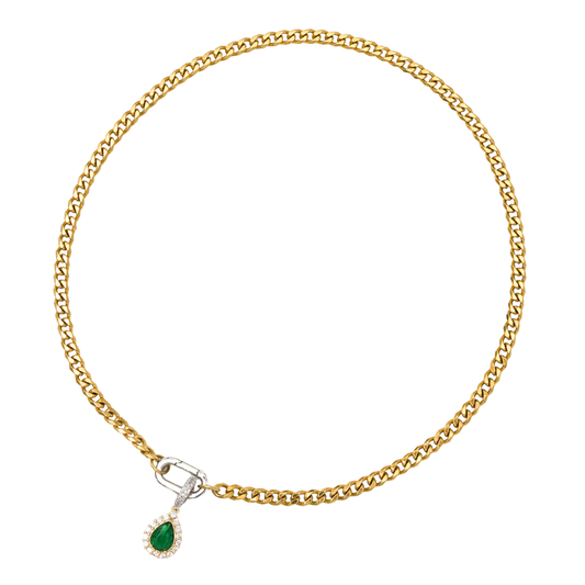 Two Tone Green Zirconia Drop Charm Cuban Chain Necklace