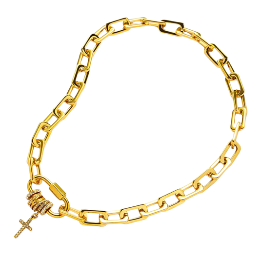 Dainty Mini Cross Charm Carabiner Chunky Chain Necklace