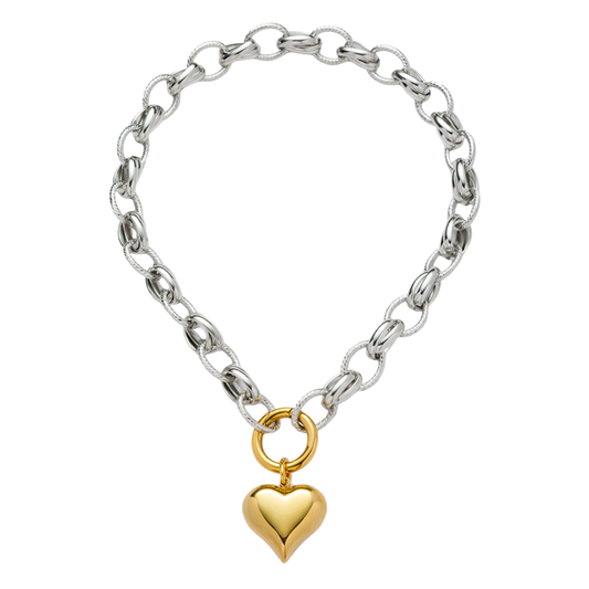 Two Tone Chunky Heart Pendant Chain Necklace