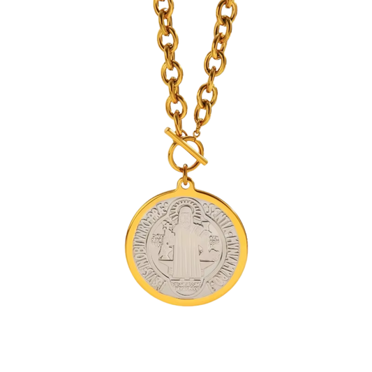 Two Tone Chunky Saint Benedict Pendant Chain Necklace