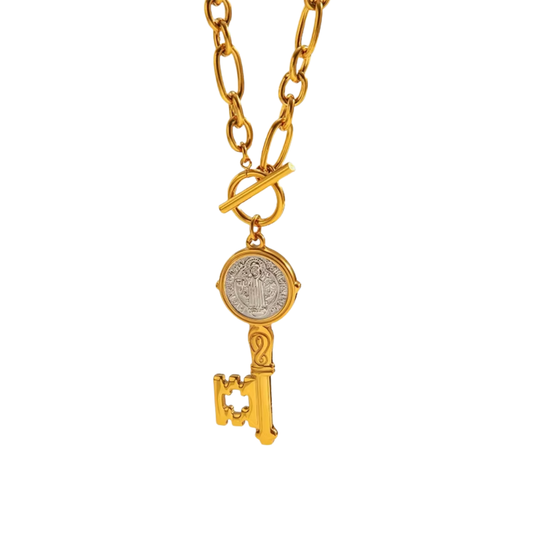 Two Tone Saint Benedict Key Pendant Chain Necklace
