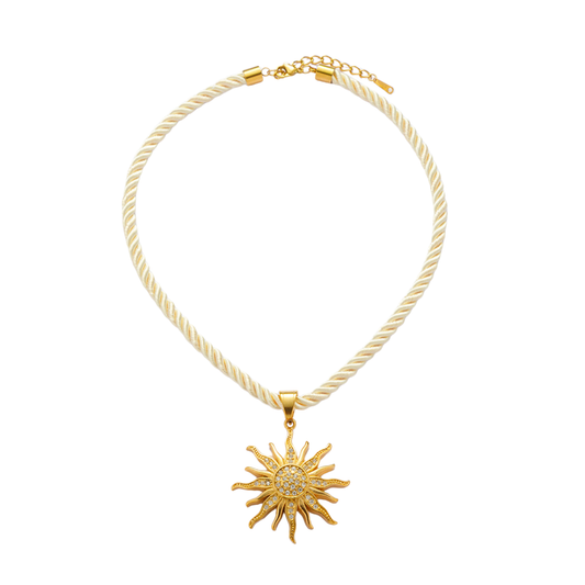 Chunky Zirconias Sun Pendant Cream Rope Thread Necklace