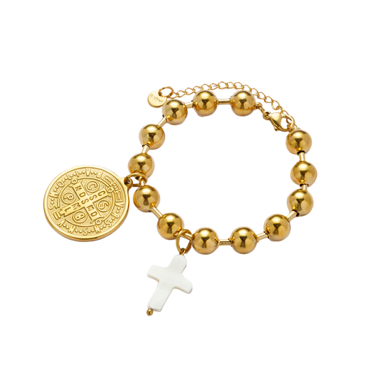 Saint Benedict & Shell Cross Pendant Balls Chain Bracelet