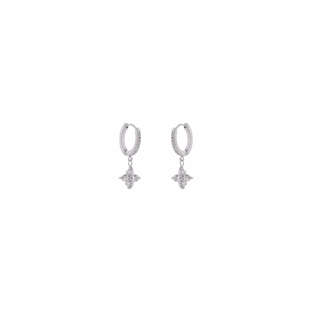 Silver Zirconias Four Leaf Huggies Earrings