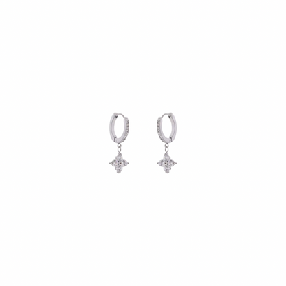 Silver Zirconias Four Leaf Huggies Earrings