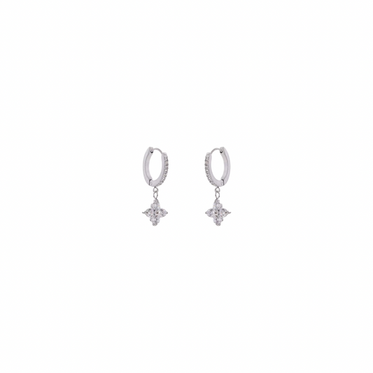 Silver Zirconias Four Leaf Huggies Earrings