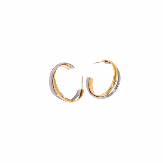 Two Tone C Shape Hoop Stud Earrings