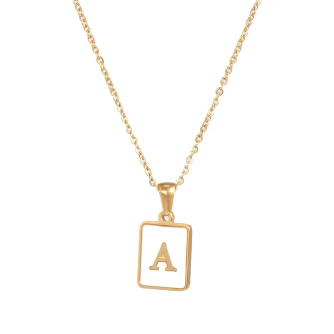 SS Rectangle Natural Shell Initial Necklace