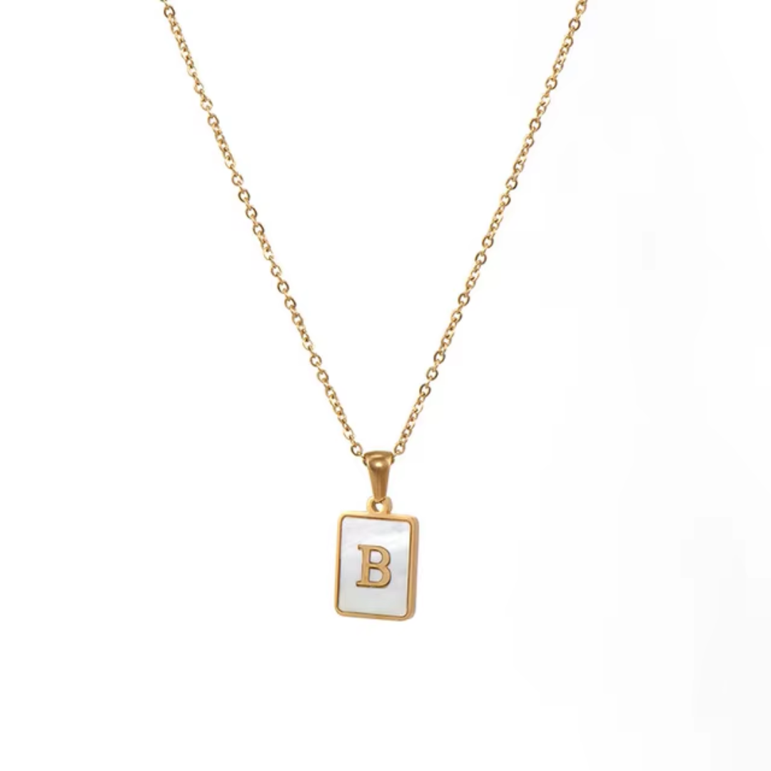 SS Rectangle Natural Shell Initial Necklace
