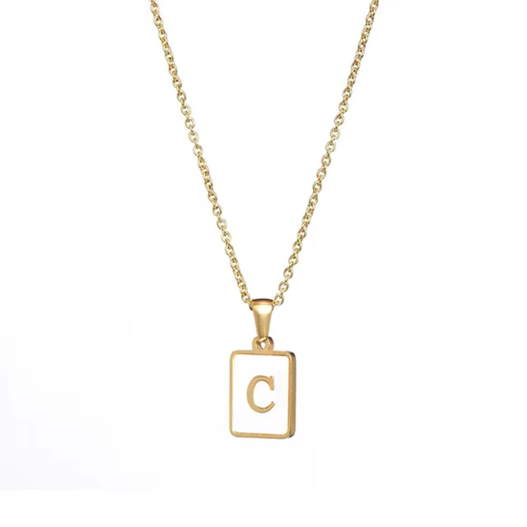 SS Rectangle Natural Shell Initial Necklace