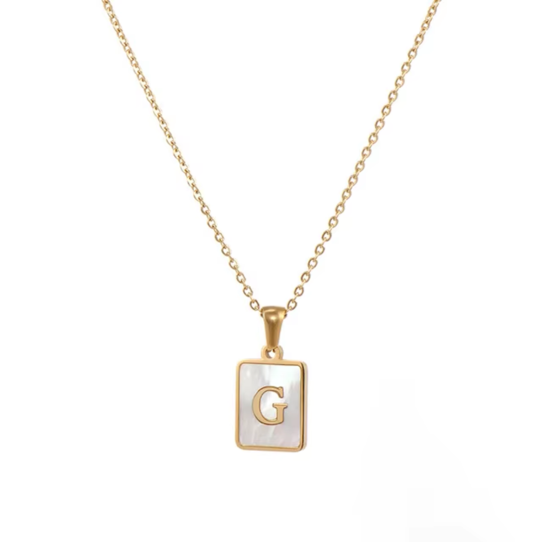 SS Rectangle Natural Shell Initial Necklace
