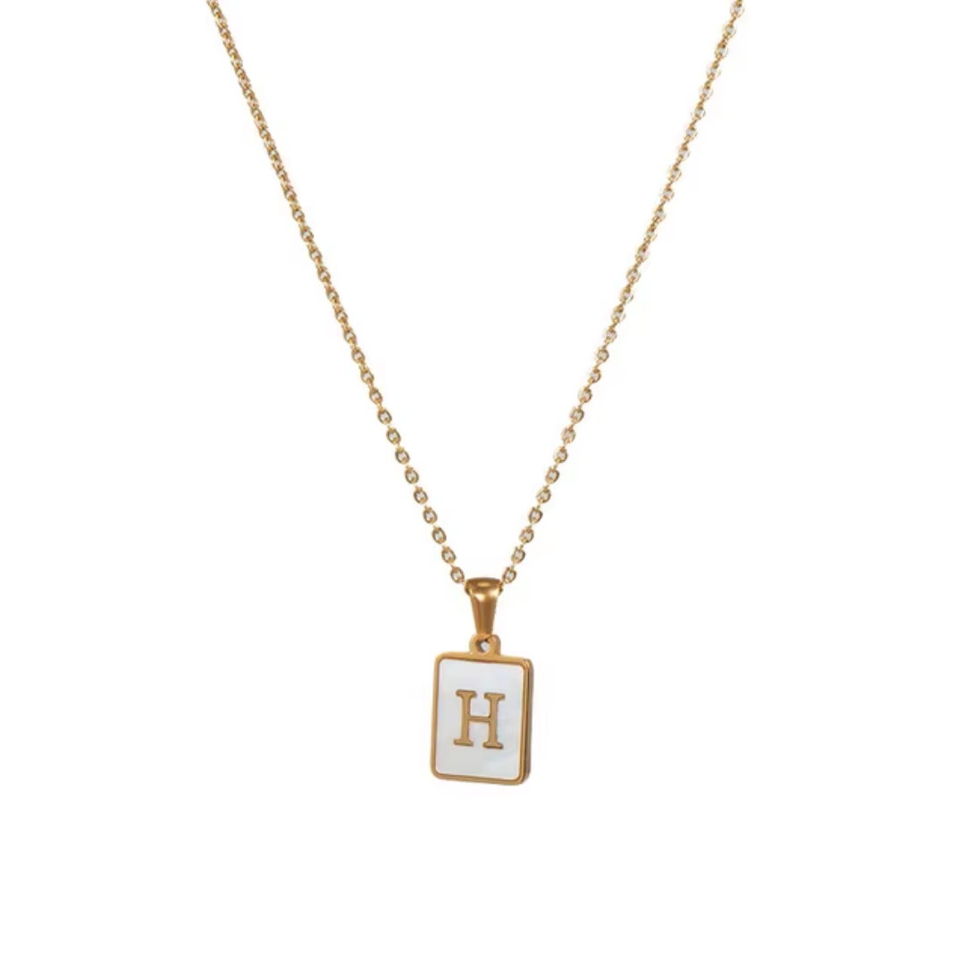 SS Rectangle Natural Shell Initial Necklace