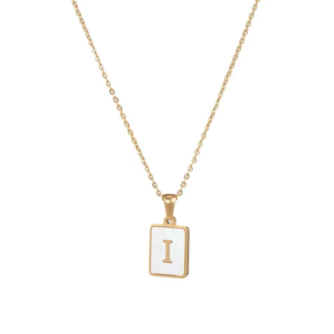 SS Rectangle Natural Shell Initial Necklace