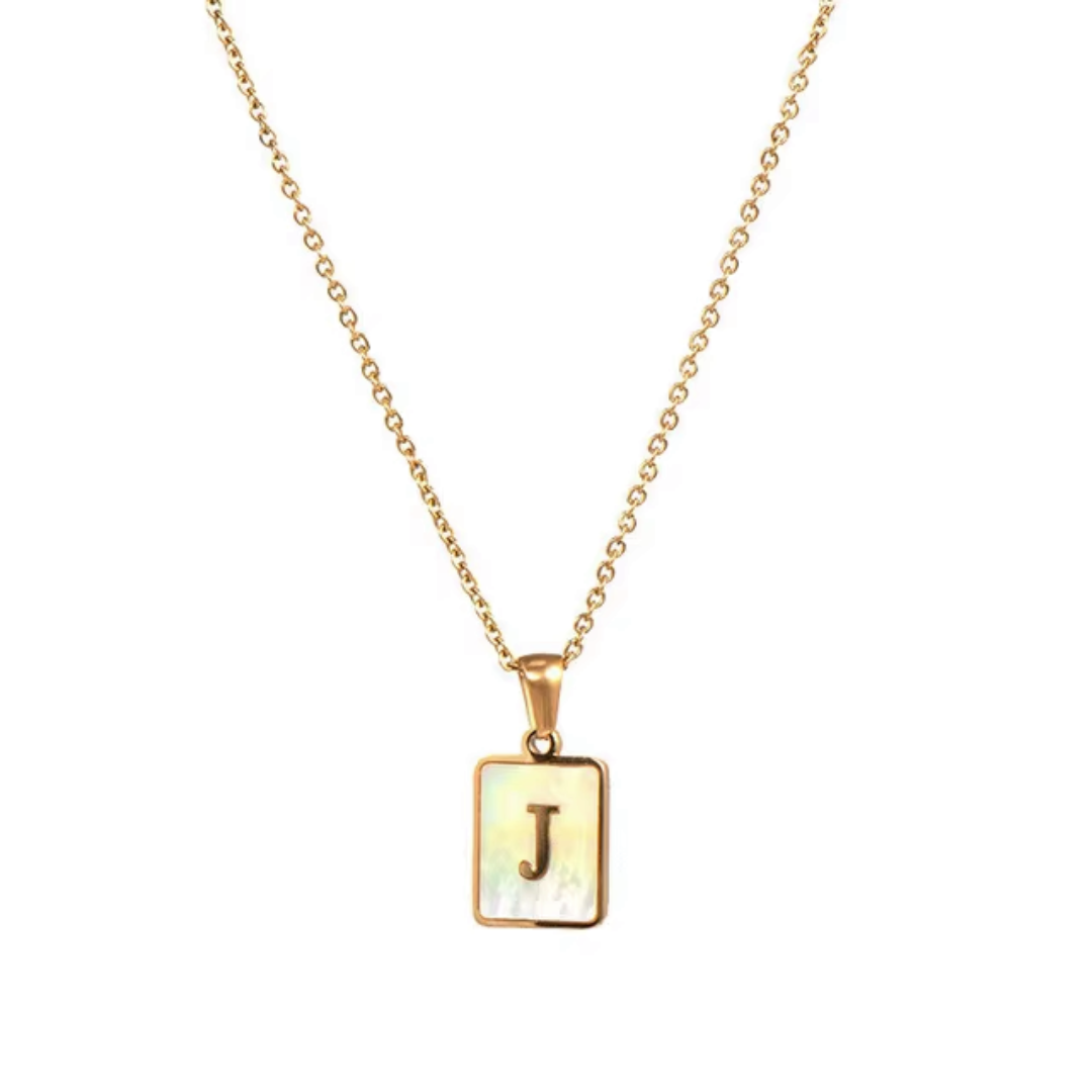 SS Rectangle Natural Shell Initial Necklace