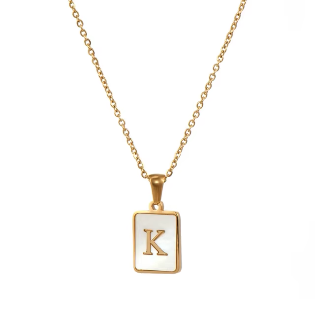 SS Rectangle Natural Shell Initial Necklace